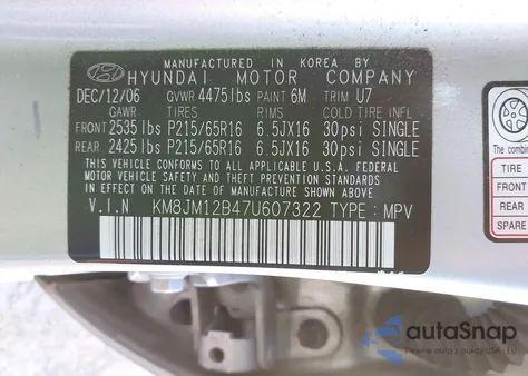 2007 Hyundai Tucson Gls z USA, uszkodzony, nr VIN KM8JM12B47U607322